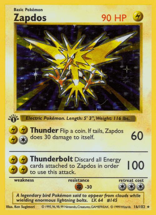 Zapdos #16 from Base - Rare Holo - Illustrated by Ken Sugimori