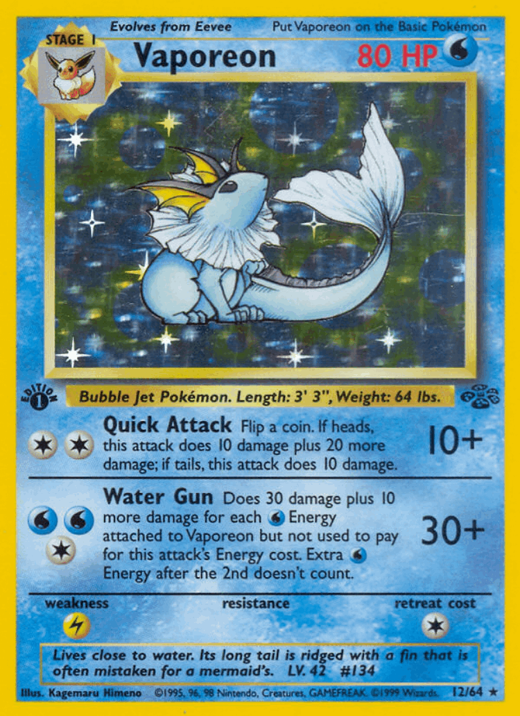 Vaporeon #12 from Jungle - Rare Holo - Illustrated by Kagemaru Himeno