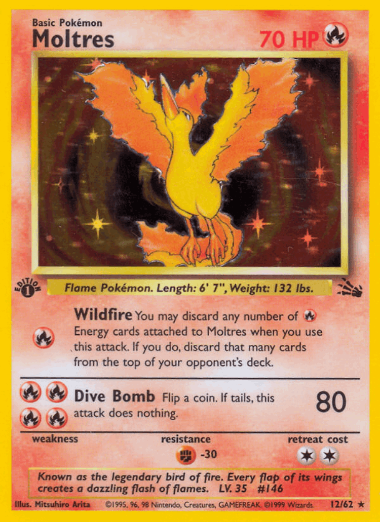 Moltres #12 from Fossil - Rare Holo - Illustrated by Mitsuhiro Arita