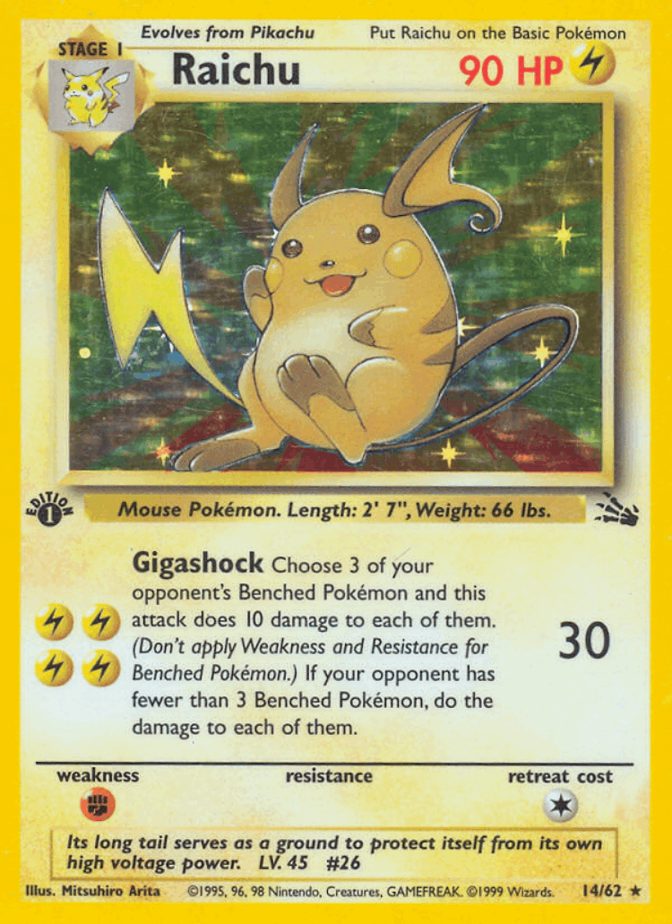 Raichu #14 from Fossil - Rare Holo - Illustrated by Mitsuhiro Arita