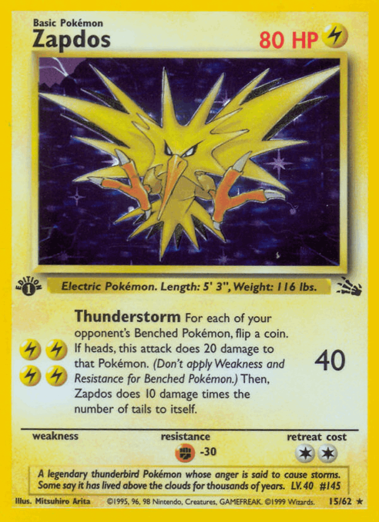 Zapdos #15 from Fossil - Rare Holo - Illustrated by Mitsuhiro Arita