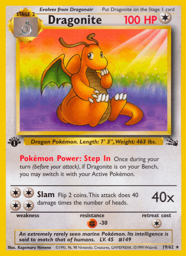 Dragonite #19 from Fossil - Rare - Illustrated by Kagemaru Himeno