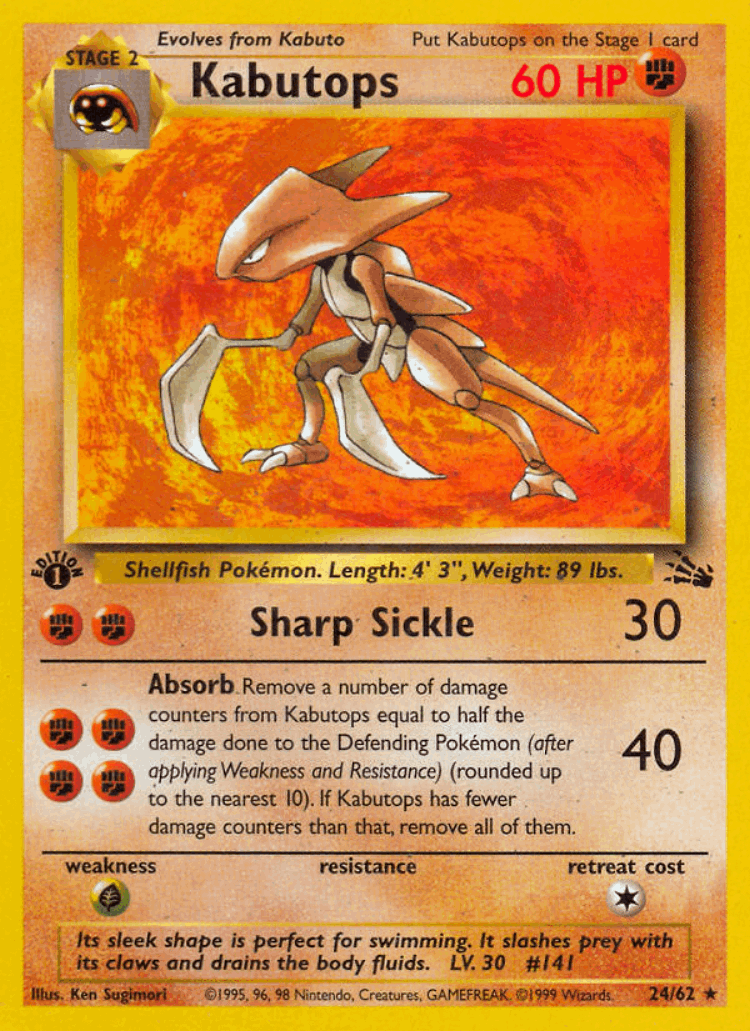 Kabutops #24 from Fossil - Rare - Illustrated by Ken Sugimori