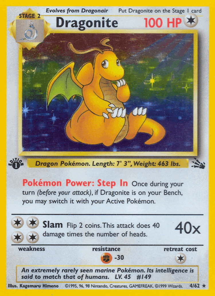 Dragonite #4 from Fossil - Rare Holo - Illustrated by Kagemaru Himeno