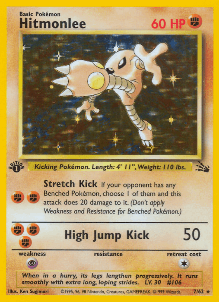 Hitmonlee #7 from Fossil - Rare Holo - Illustrated by Ken Sugimori