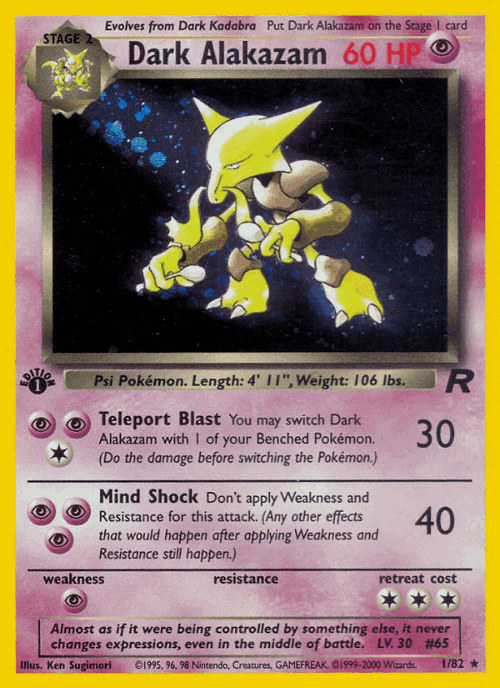 Dark Alakazam #1 from Team Rocket - Rare Holo - Illustrated by Ken Sugimori