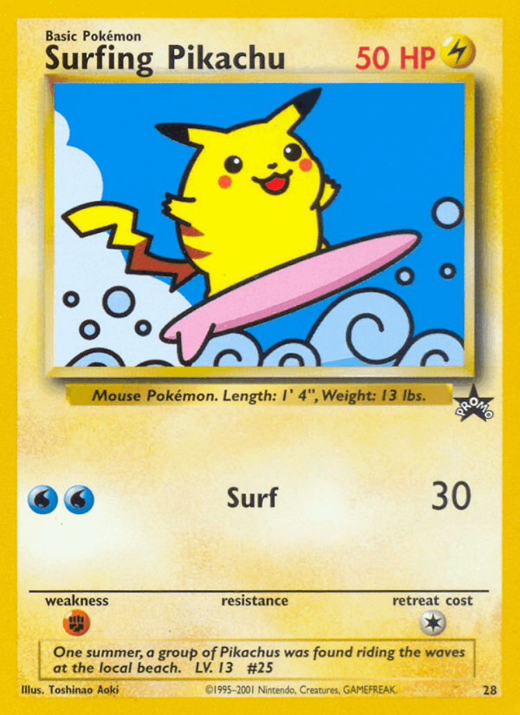 Surfing Pikachu #28 from Wizards Black Star Promos - Promo - Illustrated by Toshinao Aoki