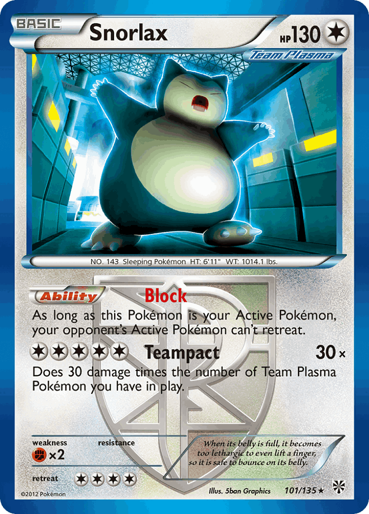 Snorlax #101 from Plasma Storm - Rare - Illustrated by 5ban Graphics