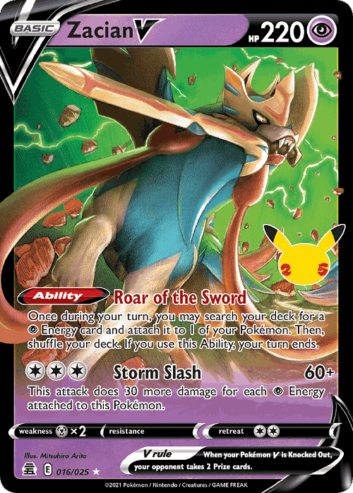 Zacian V #16 from Celebrations - Rare Holo V - Illustrated by Mitsuhiro Arita