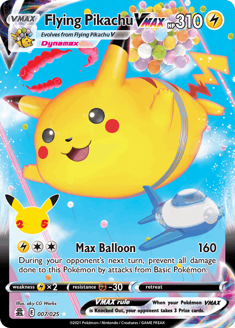 Flying Pikachu VMAX #7 from Celebrations - Rare Holo VMAX - Illustrated by aky CG Works