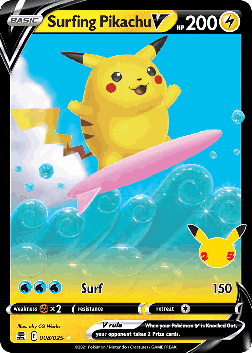 Surfing Pikachu V #8 from Celebrations - Rare Holo V - Illustrated by aky CG Works
