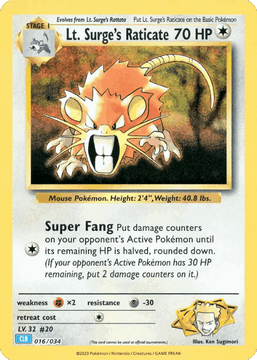 Lt. Surge's Raticate #16 from Pokémon TCG Classic - Blastoise - Illustrated by Ken Sugimori