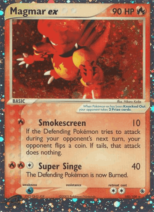 Magmar ex #100 from Ruby & Sapphire - Rare Holo EX - Illustrated by Hikaru Koike