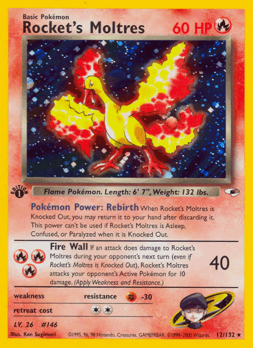 Rocket's Moltres #12 from Gym Heroes - Rare Holo - Illustrated by Ken Sugimori