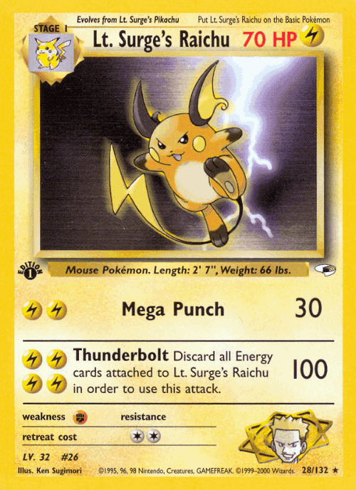 Lt. Surge's Raichu #28 from Gym Heroes - Rare - Illustrated by Ken Sugimori