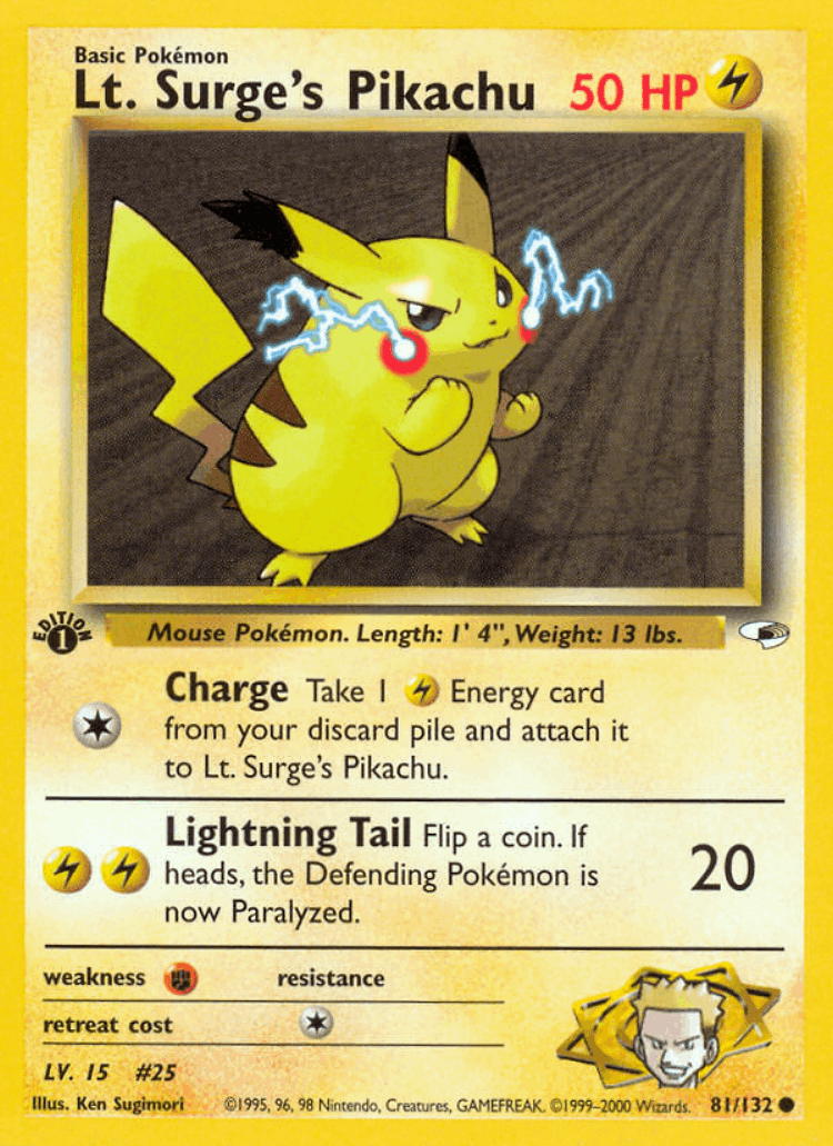 Lt. Surge's Pikachu #81 from Gym Heroes - Common - Illustrated by Ken Sugimori