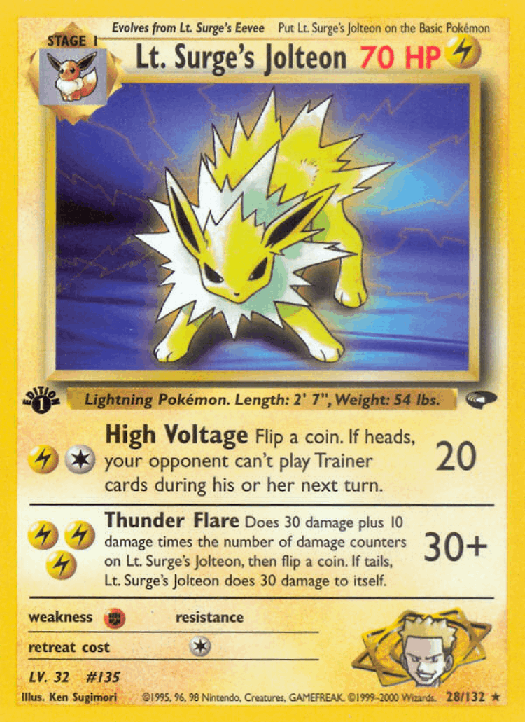 Lt. Surge's Jolteon #28 from Gym Challenge - Rare - Illustrated by Ken Sugimori