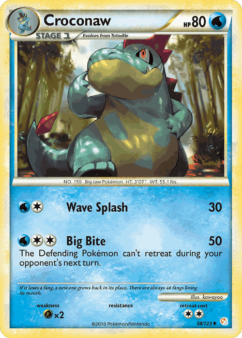 Croconaw #38 from HeartGold & SoulSilver - Uncommon - Illustrated by kawayoo