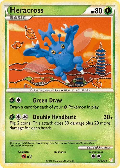 Heracross #43 from HeartGold & SoulSilver - Uncommon - Illustrated by Sachiko Adachi