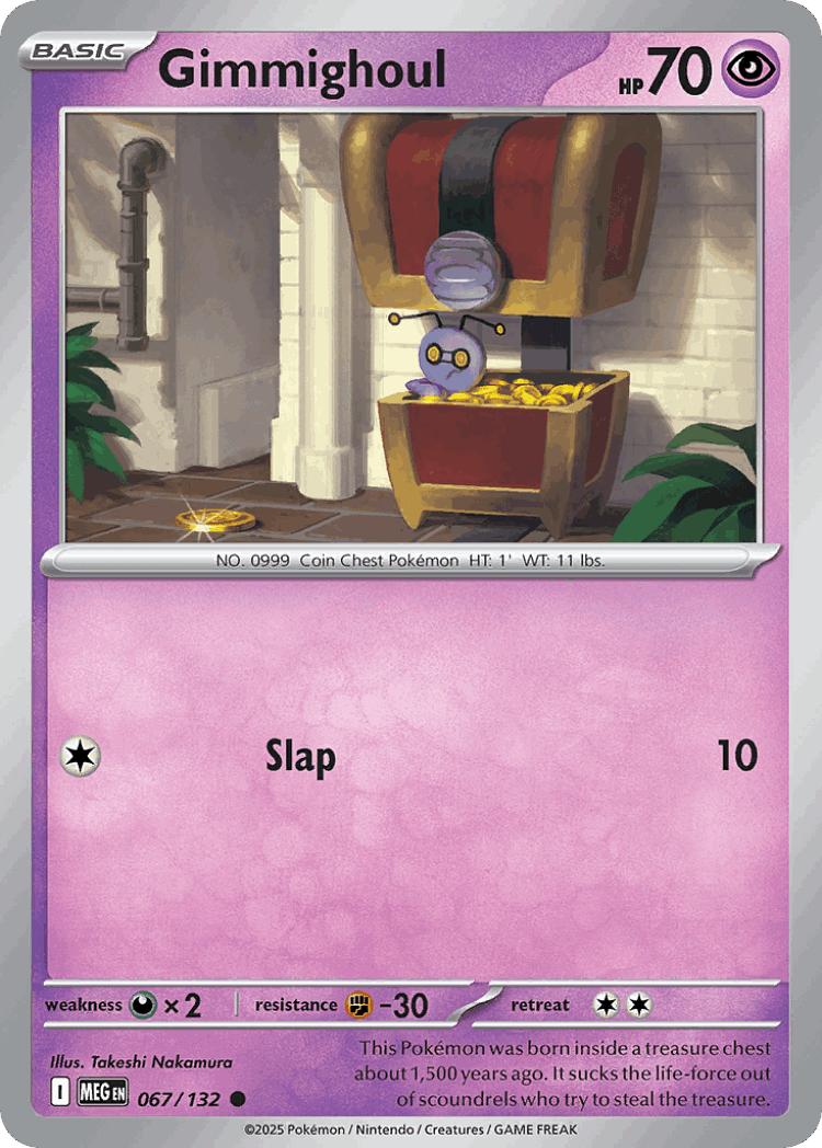 Gimmighoul #67 from Mega Evolution - Common - Illustrated by Takeshi Nakamura