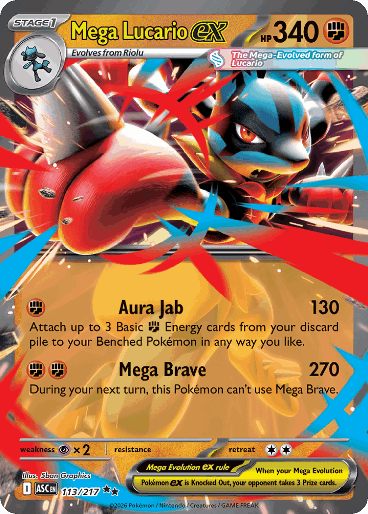 Mega Lucario ex #113 from Ascended Heroes - Double Rare - Illustrated by 5ban Graphics