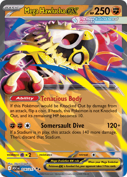 Mega Hawlucha ex #116 from Ascended Heroes - Double Rare - Illustrated by 5ban Graphics