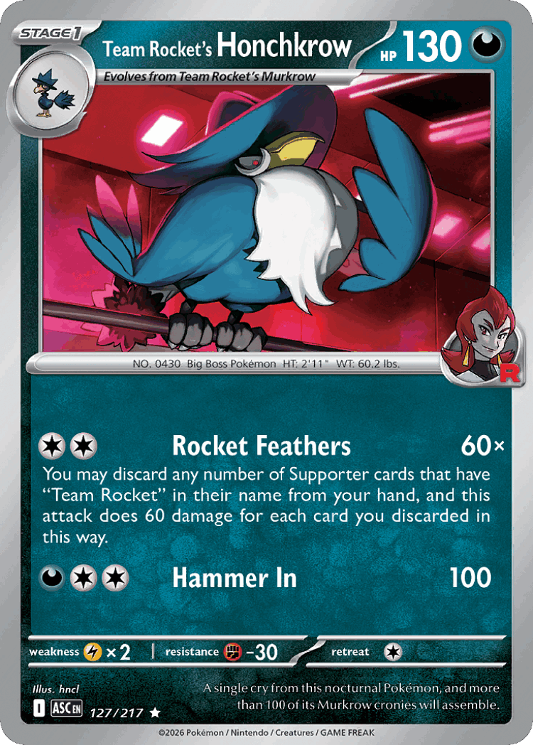 Team Rocket's Honchkrow #127 from Ascended Heroes - Rare - Illustrated by hncl