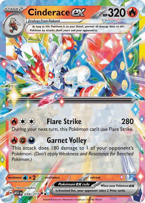 Cinderace ex #38 from Ascended Heroes - Double Rare - Illustrated by 5ban Graphics
