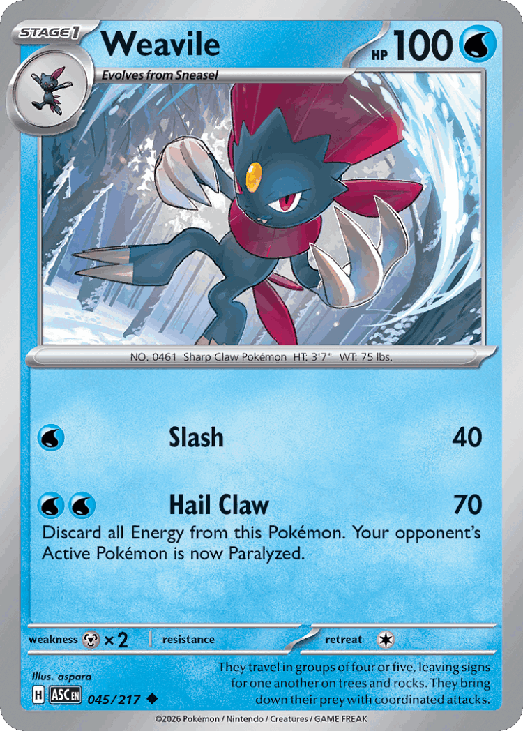 Weavile #45 from Ascended Heroes - Uncommon - Illustrated by aspara