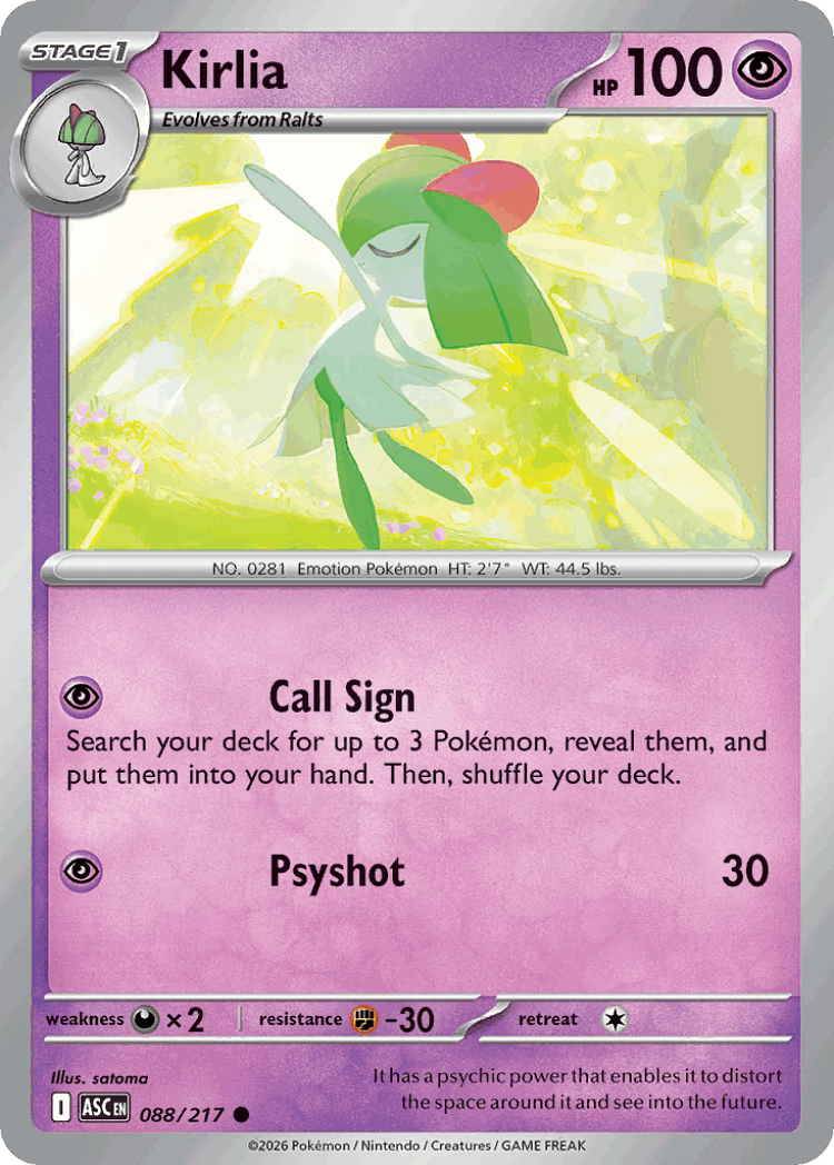 Kirlia #88 from Ascended Heroes - Common - Illustrated by satoma