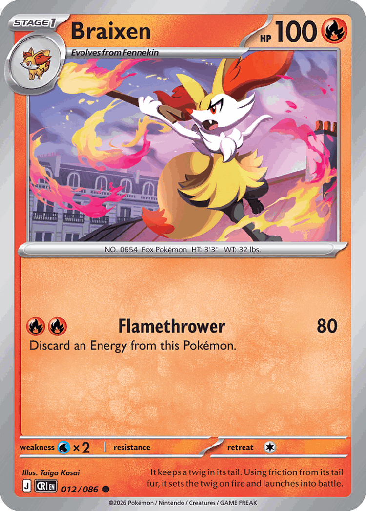 Braixen #12 from Chaos Rising - Common - Illustrated by Taiga Kasai