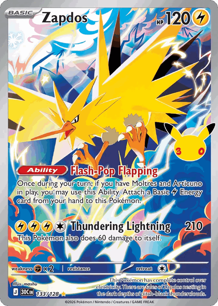 Zapdos #133 from 30th Celebration - Illustration Rare - Illustrated by mashu