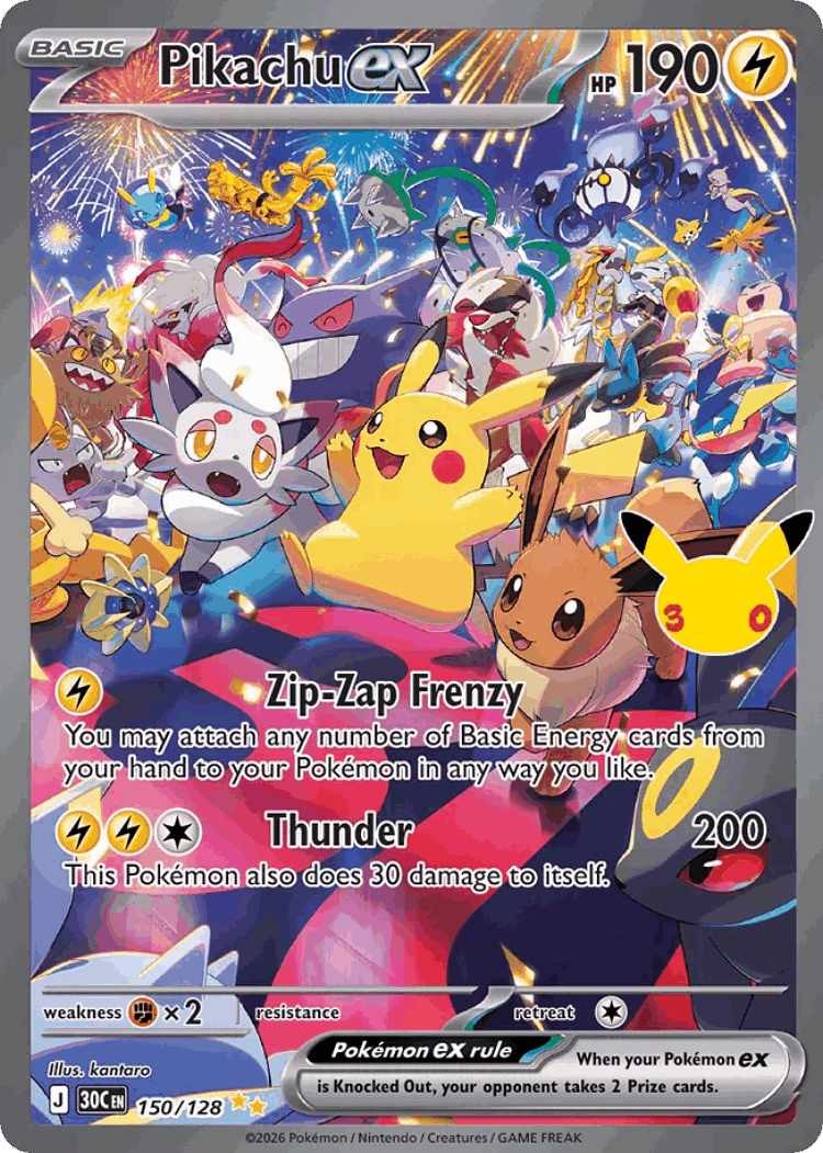 Pikachu ex #150 from 30th Celebration - Special Illustration Rare - Illustrated by kantaro