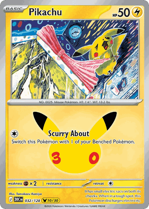 Pikachu #32 from 30th Celebration - Pikachu Rare - Illustrated by Tomokazu Komiya