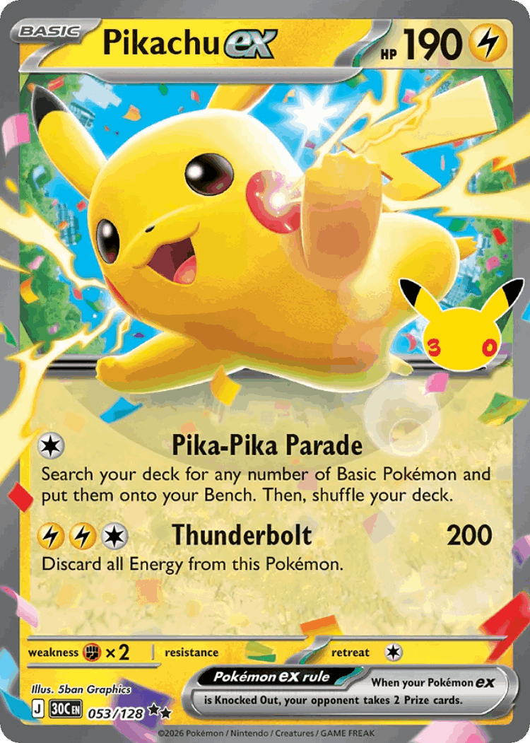 Pikachu ex #53 from 30th Celebration - Double Rare - Illustrated by 5ban Graphics