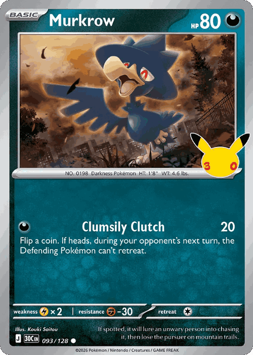 Murkrow #93 from 30th Celebration - Common - Illustrated by Kouki Saitou