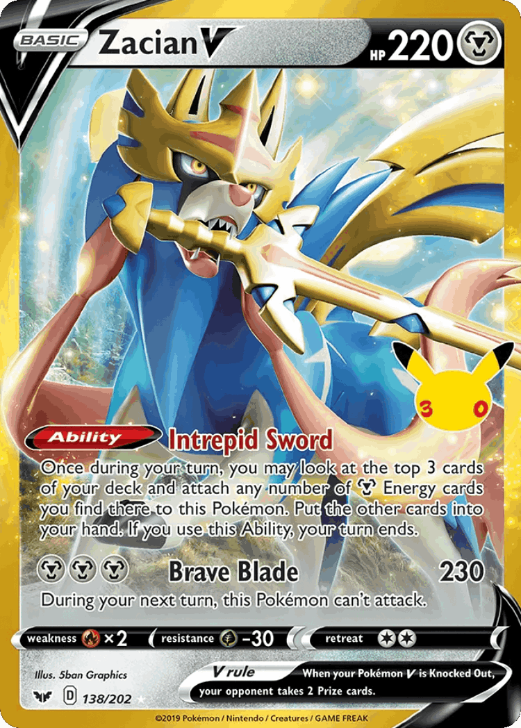 Zacian V #138 from 30th Celebration: Classic Collection - Holo Rare V - Illustrated by 5ban Graphics