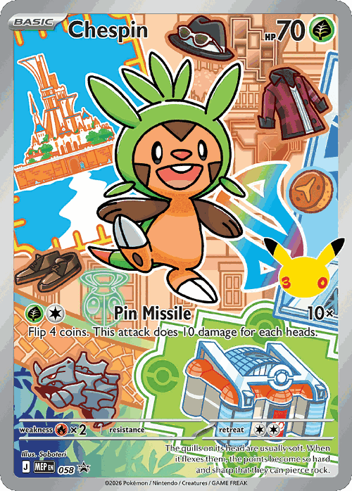 Chespin #58 from Mega Evolution Black Star Promos - Illustration Rare - Illustrated by Saboteri