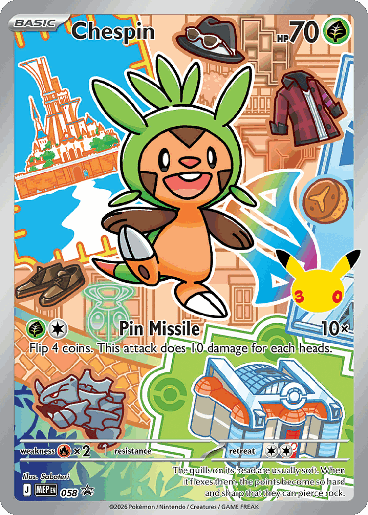 Chespin #58 from Mega Evolution Black Star Promos - Illustration Rare - Illustrated by Saboteri