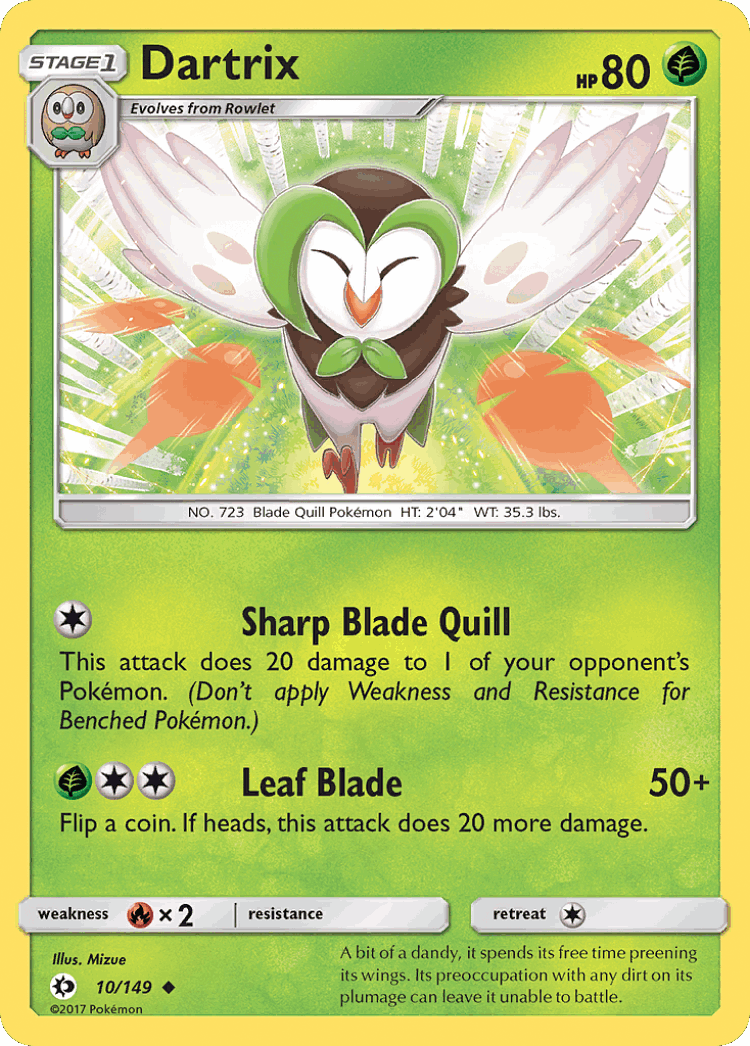 Dartrix #10 from Sun & Moon - Uncommon - Illustrated by Mizue