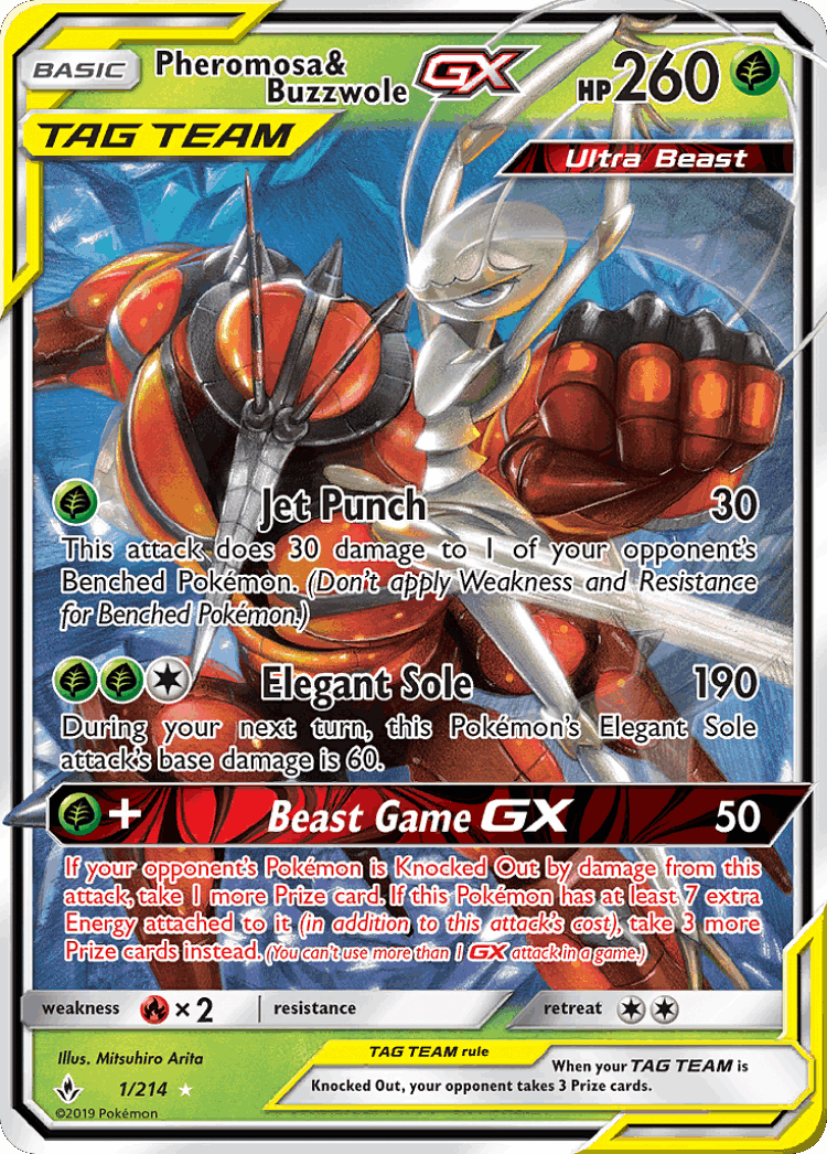 Pheromosa & Buzzwole-GX #1 from Unbroken Bonds - Rare Holo GX - Illustrated by Mitsuhiro Arita