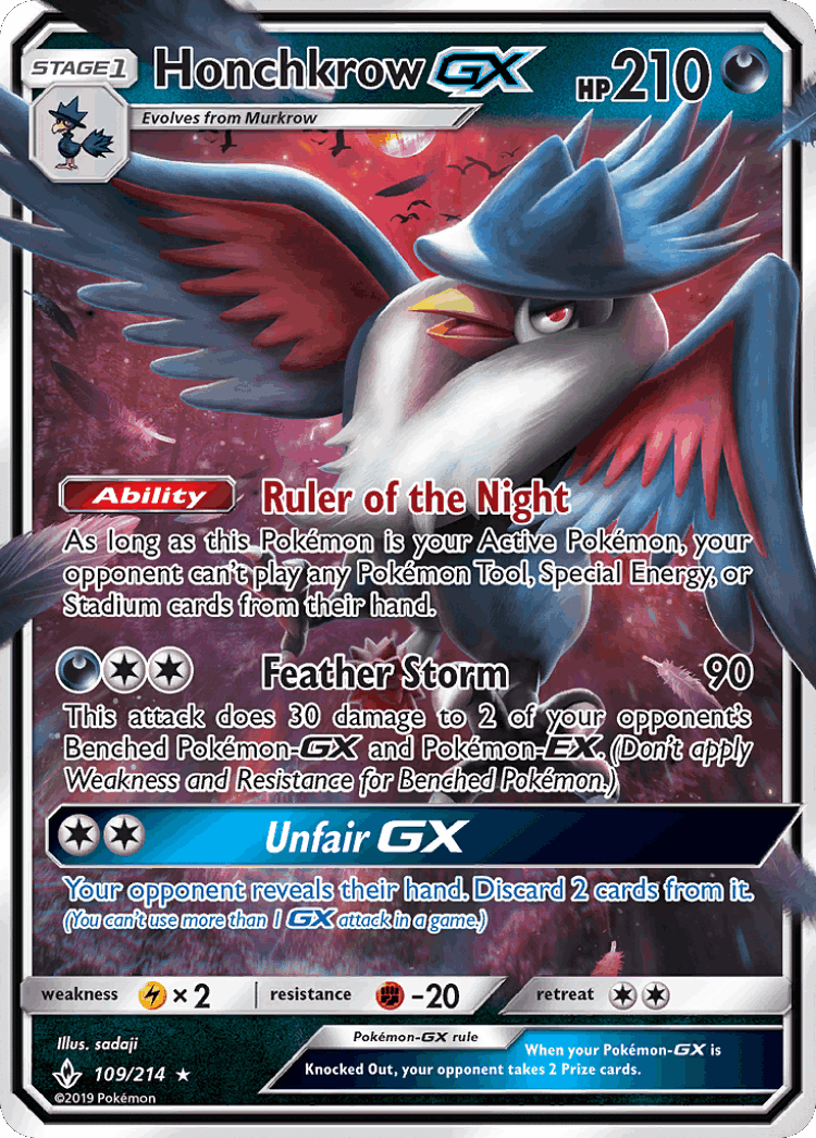 Honchkrow-GX #109 from Unbroken Bonds - Rare Holo GX - Illustrated by sadaji