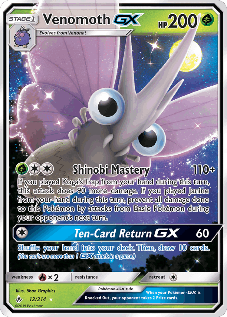 Venomoth-GX #12 from Unbroken Bonds - Rare Holo GX - Illustrated by 5ban Graphics