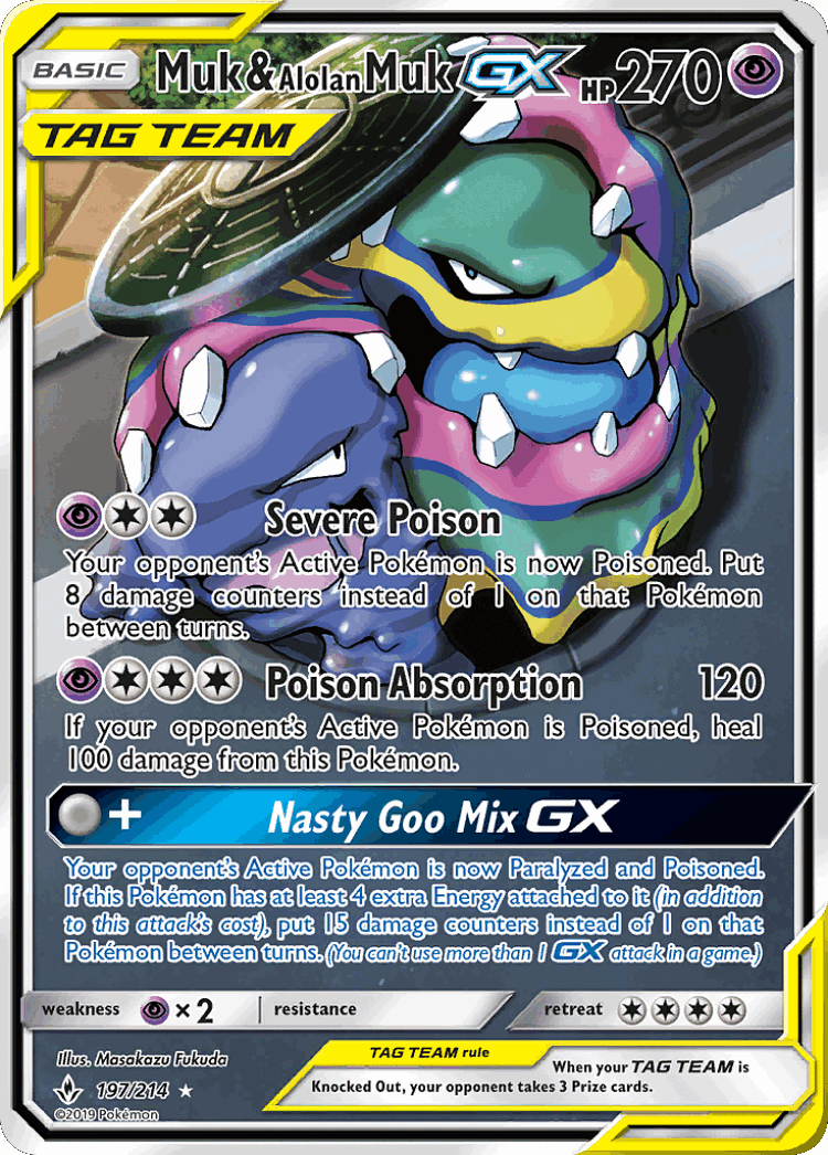 Muk & Alolan Muk-GX #197 from Unbroken Bonds - Rare Ultra - Illustrated by Masakazu Fukuda