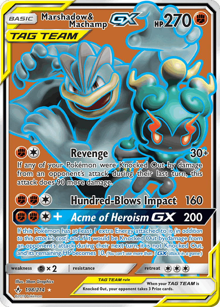 Marshadow & Machamp-GX #198 from Unbroken Bonds - Rare Ultra - Illustrated by 5ban Graphics