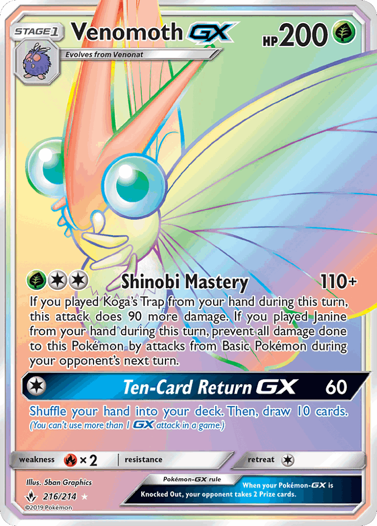 Venomoth-GX #216 from Unbroken Bonds - Rare Rainbow - Illustrated by 5ban Graphics