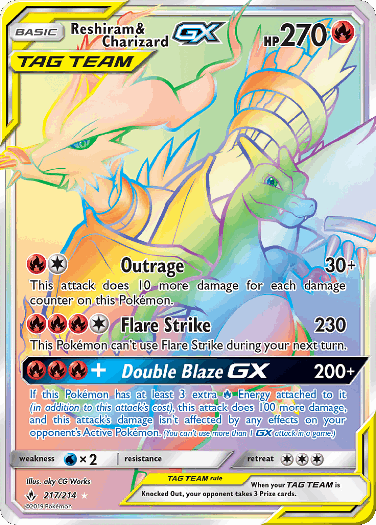 Reshiram & Charizard-GX #217 from Unbroken Bonds - Rare Rainbow - Illustrated by aky CG Works