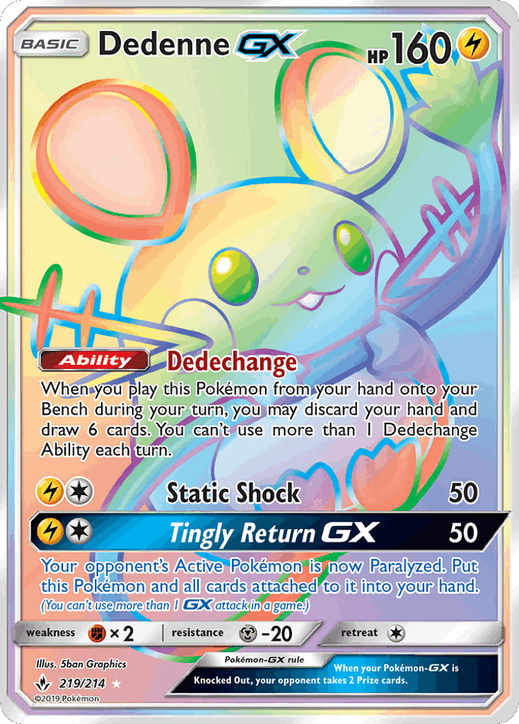 Dedenne-GX #219 from Unbroken Bonds - Rare Rainbow - Illustrated by 5ban Graphics