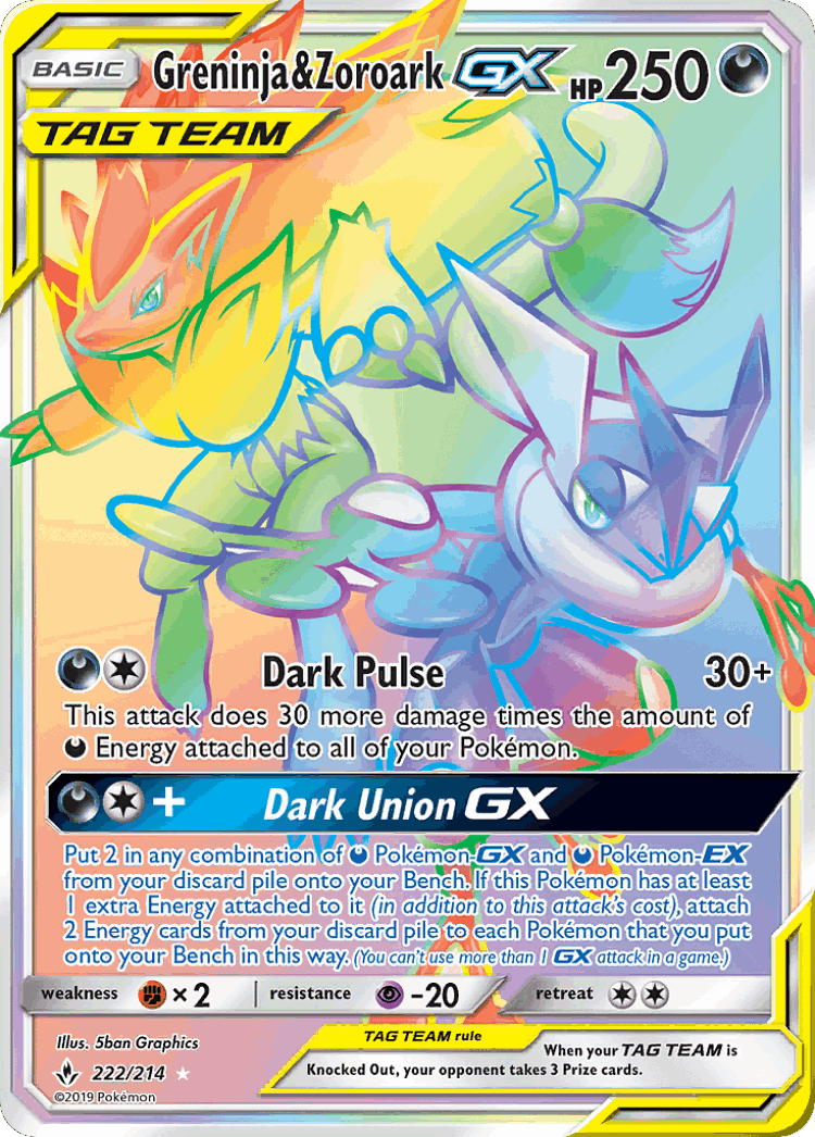 Greninja & Zoroark-GX #222 from Unbroken Bonds - Rare Rainbow - Illustrated by 5ban Graphics