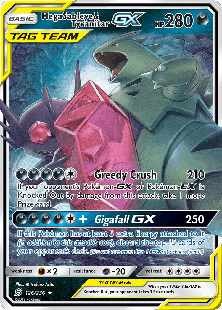 Mega Sableye & Tyranitar-GX #126 from Unified Minds - Rare Holo GX - Illustrated by Mitsuhiro Arita